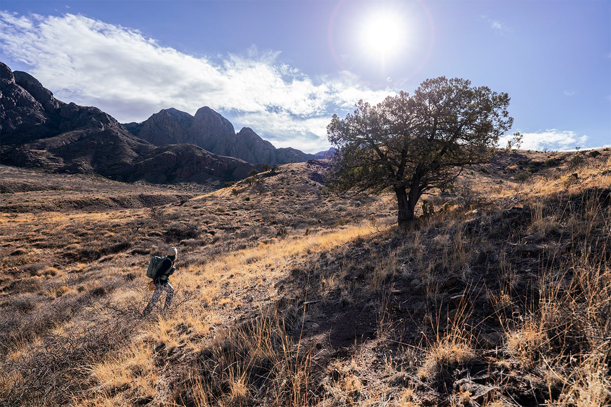 A hiker with a Montana 710 navigator walks up a hill with mountains in the background.