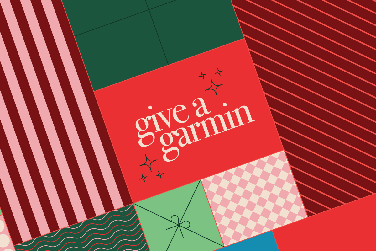 A collage of red, green and white patterns with "give a garmin" in the middle.
