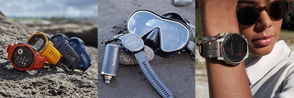 Picture of Instinct outdoor watches and Descent diving computer watch.
