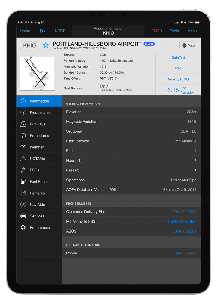iPad Pro with Garmin Pilot and the airport information feature selected