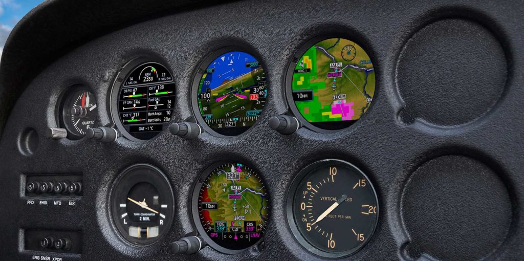 Aircraft instrument panel show gauges and instruments