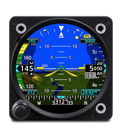 Garmin GI 275 showing primary attitude indication, speed, altitude and synthetic vision