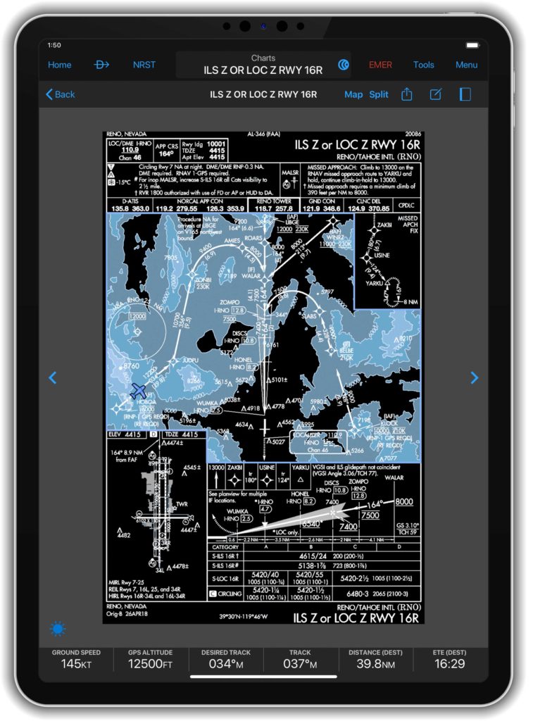 iPad displaying night mode approach chart