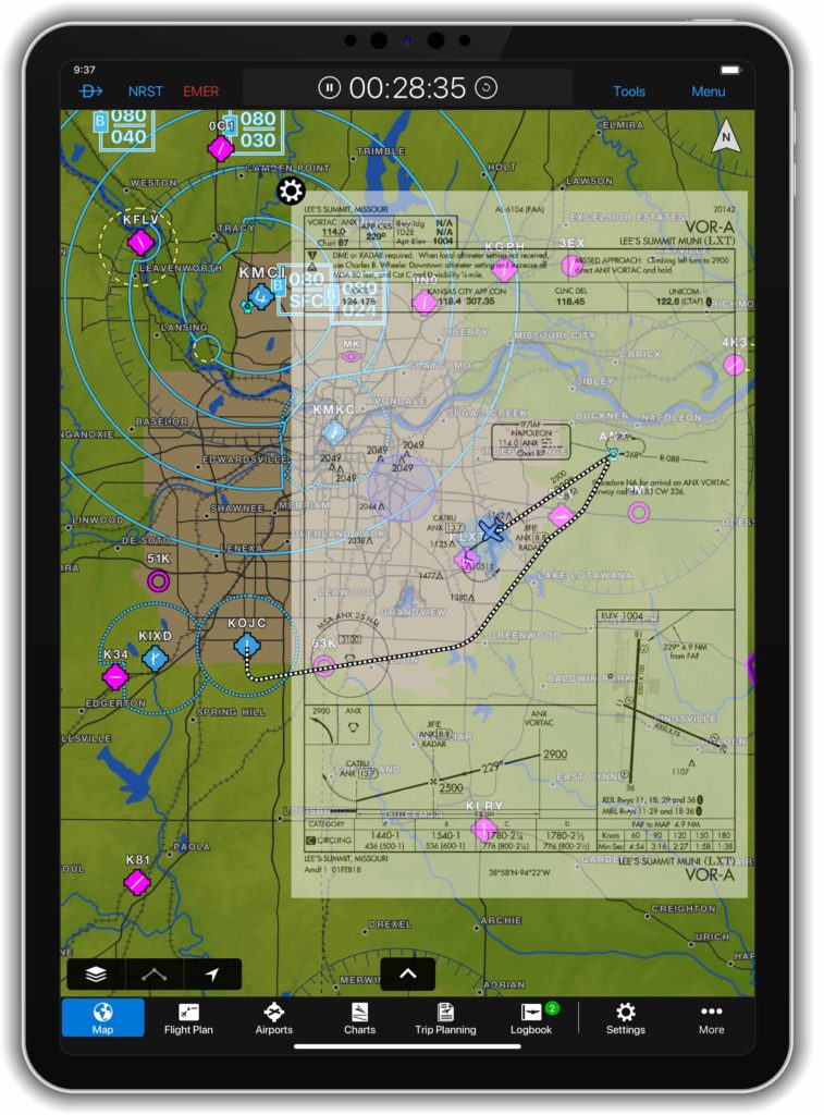 iPad displaying flight track on Garmin Pilot app