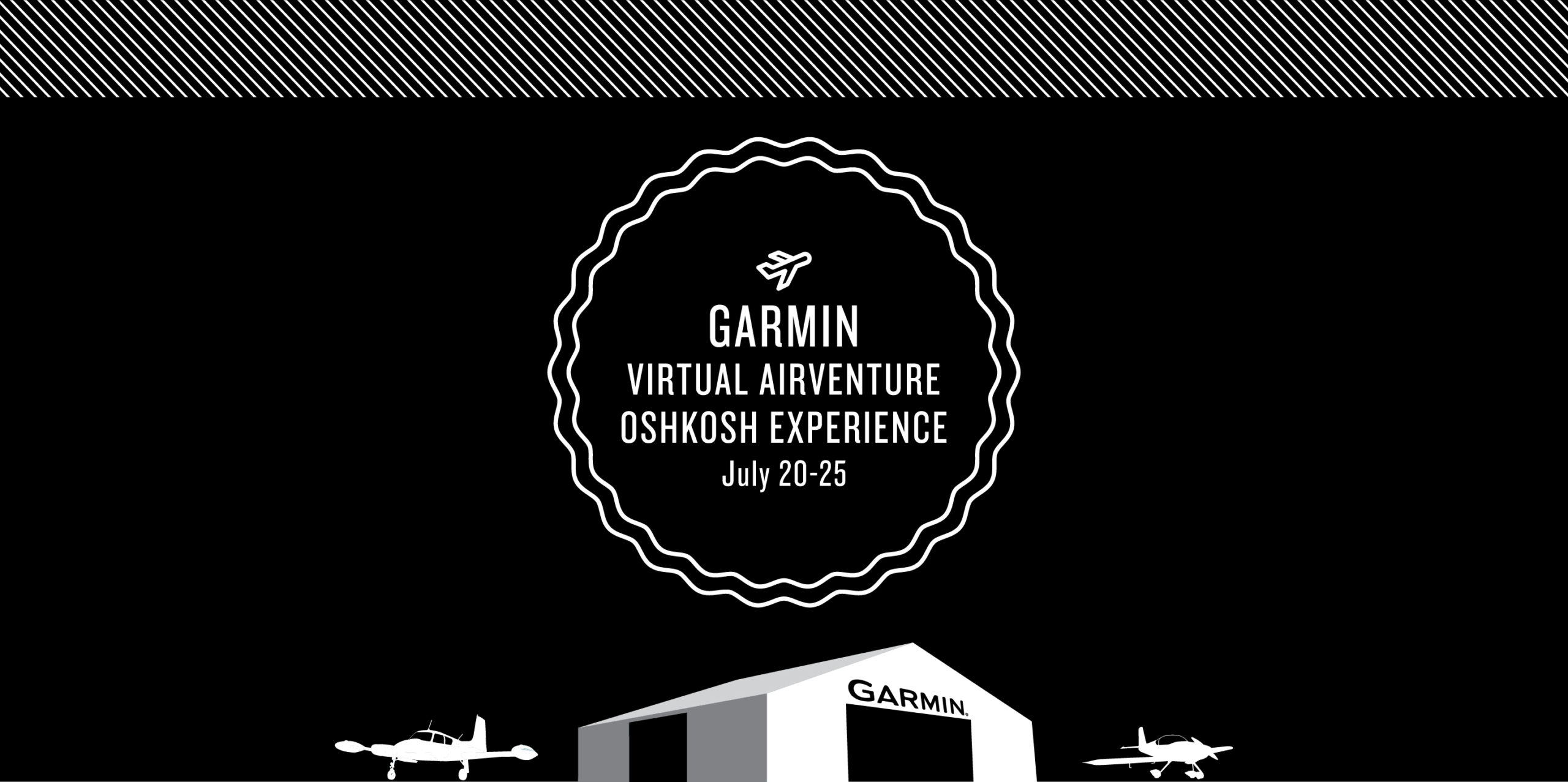 Garmin Virtual AirVenture Oshkosh Experience logo July 20-25 with aircraft hangar and aircraft silhouettes