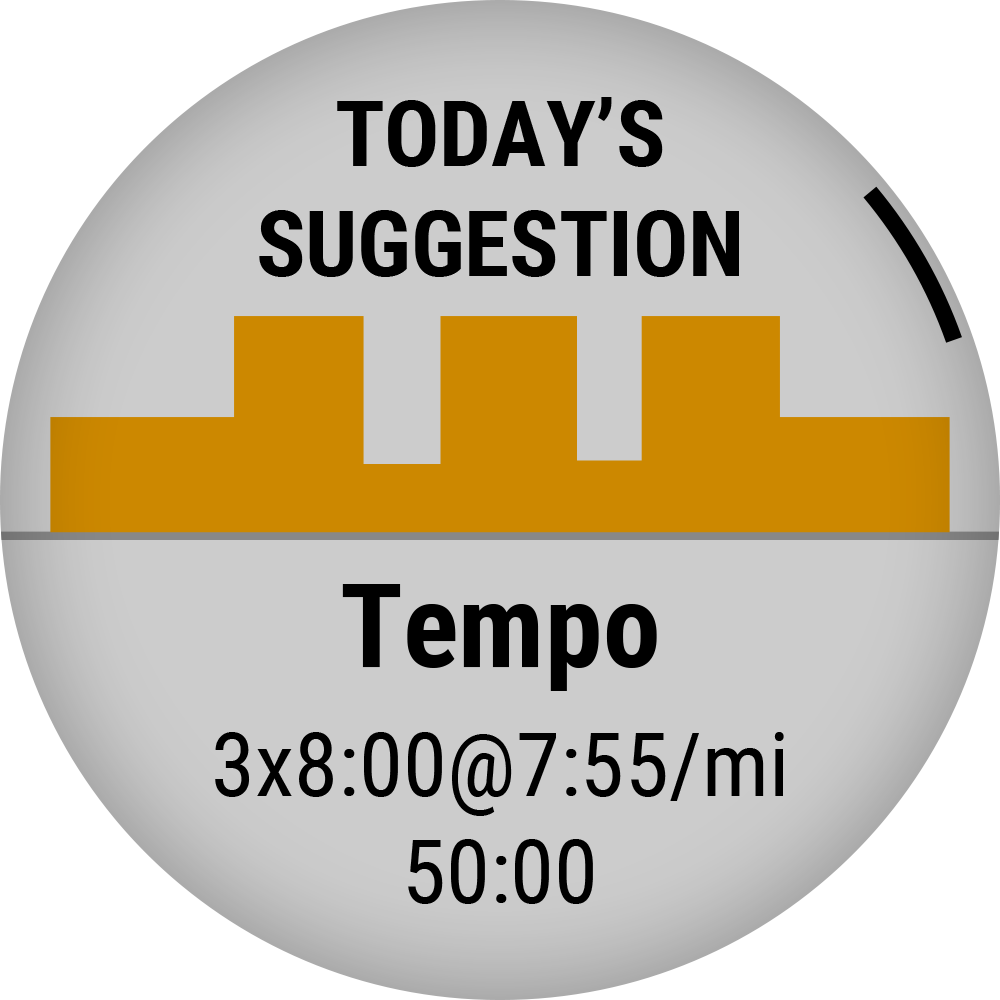 Screen on Garmin watch showing a todays suggestion of a Tempo workout