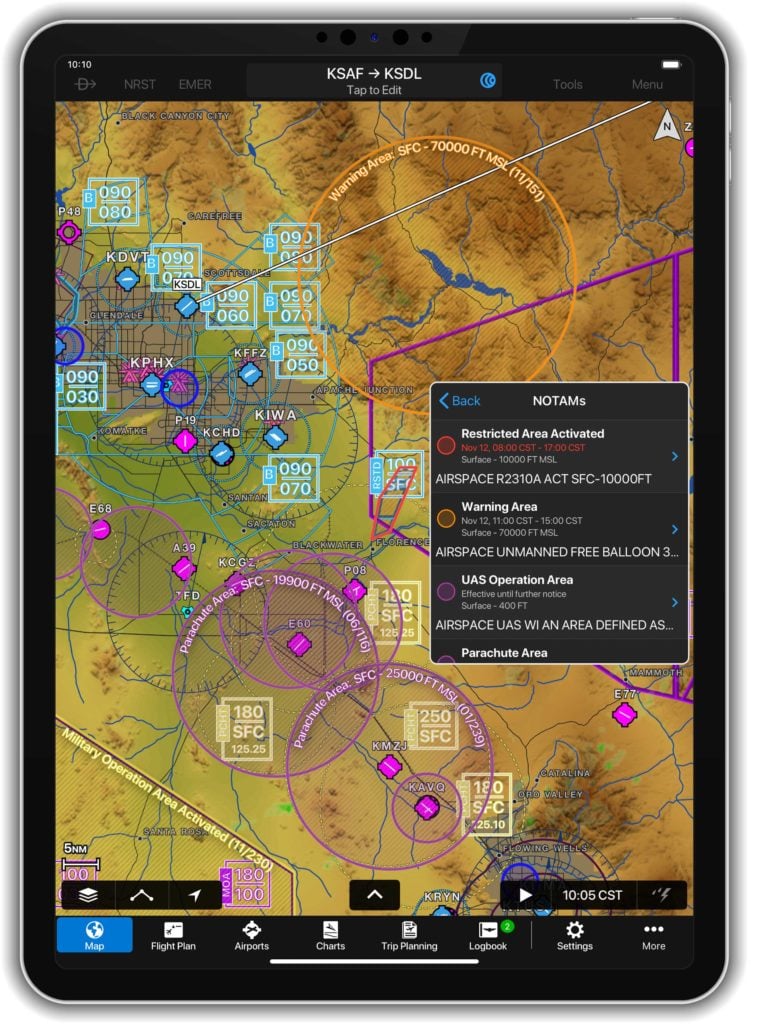 Garmin Pilot on iPad showing map view with Graphical NOTAM feature.