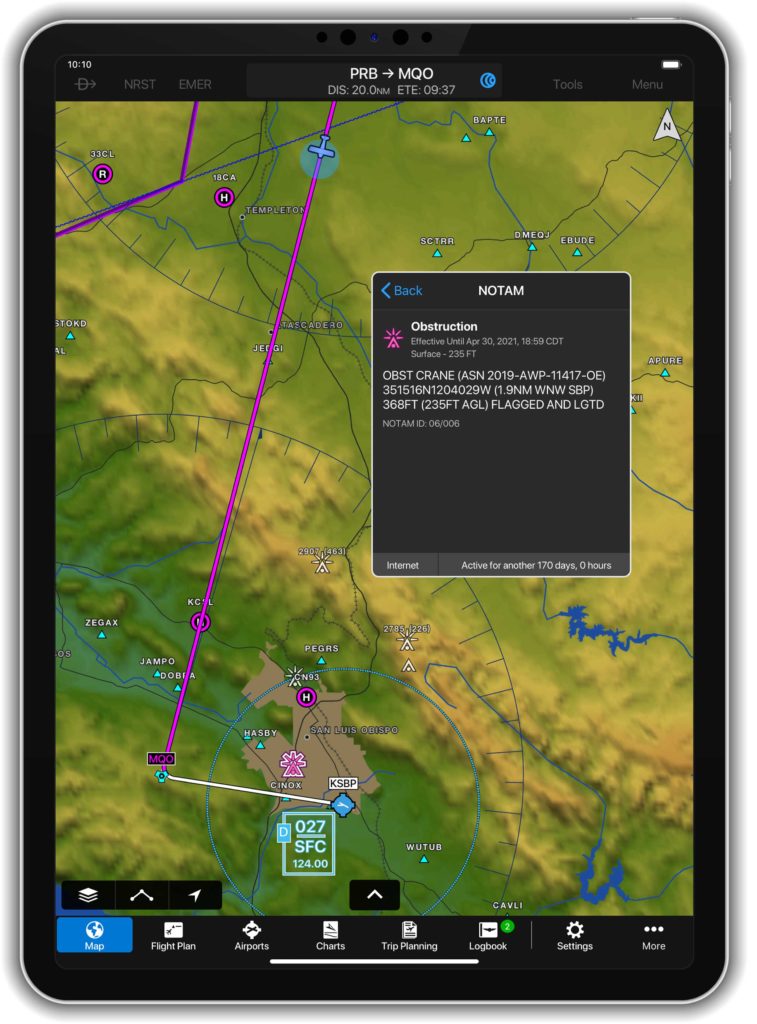 Garmin Pilot on iPad displaying Graphical Obstacle NOTAM.