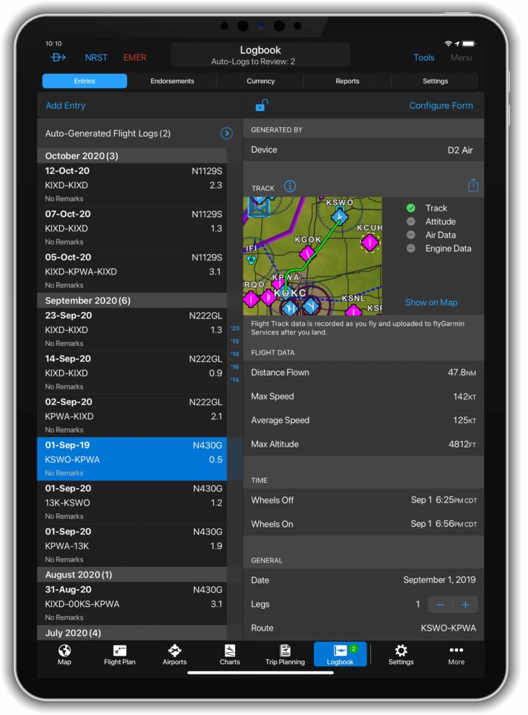 iPad displaying Garmin Pilot logbook feature