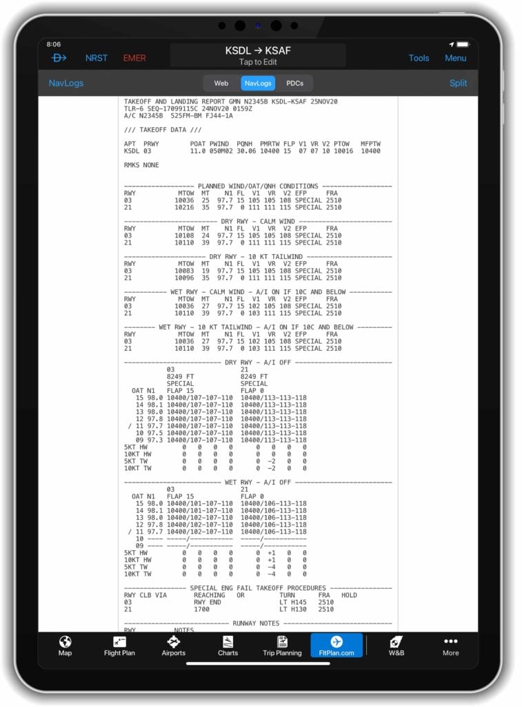 iPad display FltPlan.com runway analysis calculations