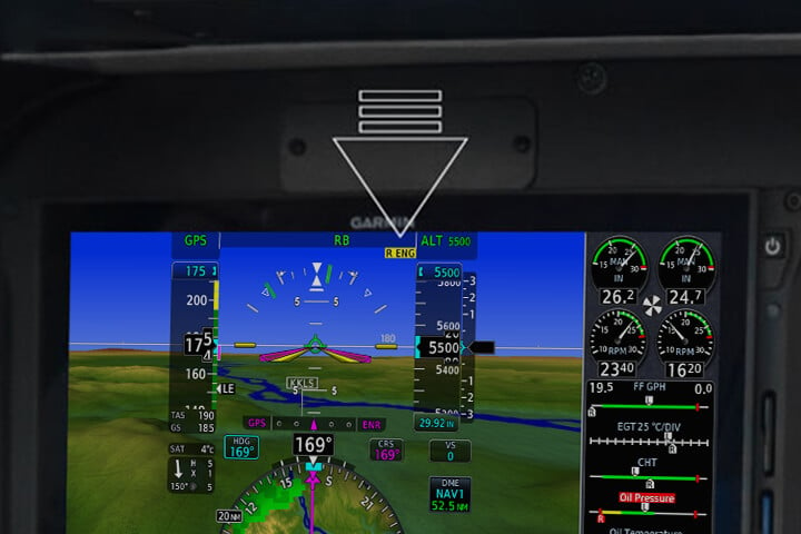 Arrow identifying the yellow annunciator on G500 TXi and G600 TXi that helps identify the inoperative engine quicker