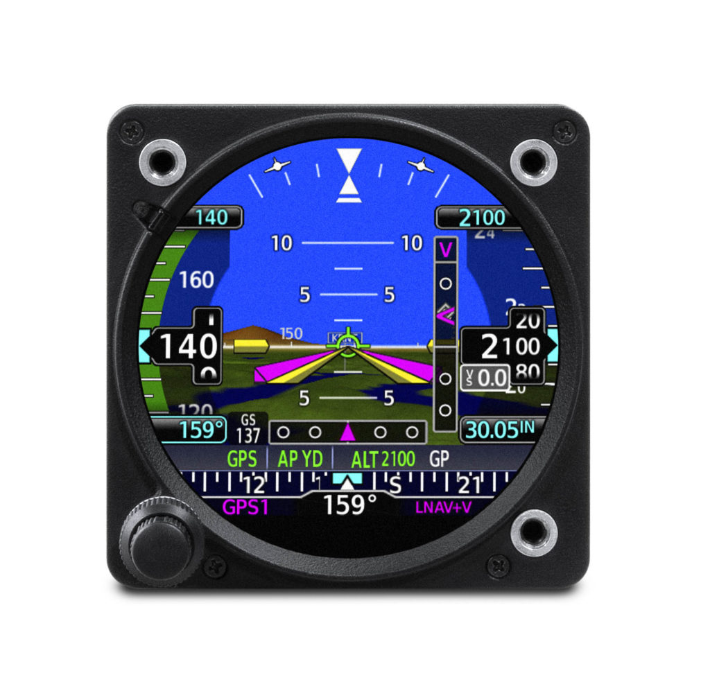 Garmin GI 275 electronic flight instrument in attitude indicator display mode.
