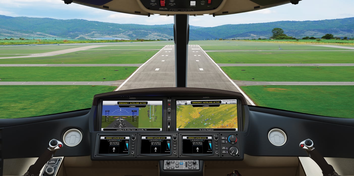 Cirrus Aircraft Vision Jet cockpit on final approach featuring Garmin Autoland