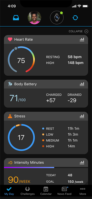 Screenshot of Garmin Connect app that is measuring heart rate, body battery, and stress. 