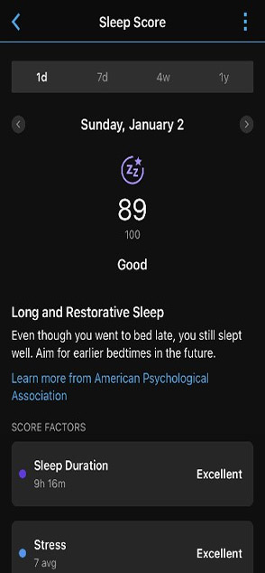 Screenshot of Garmin Sleep Score on the Garmin Connect app. 