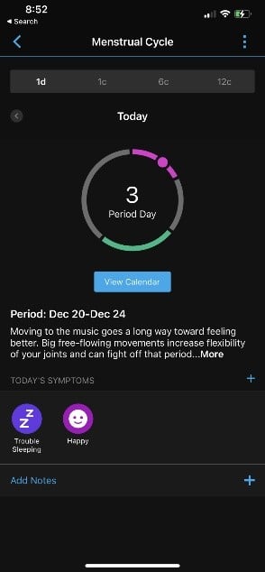 Garmin Connect App screenshot of Menstrual Cycle trackikng. 