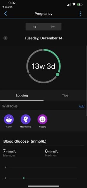 Screenshot on Garmin Connect App for Pregnancy Tracking metrics. 