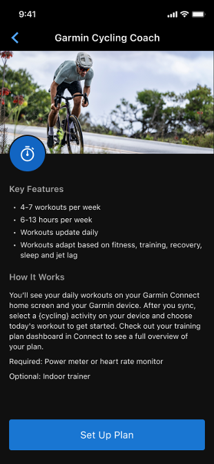 Garmin Cycling Coach key features screen.