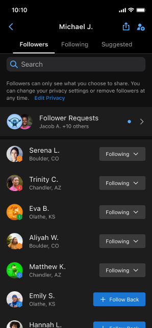 User screen with followers listed.