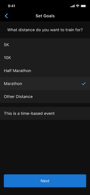Set goals screen.