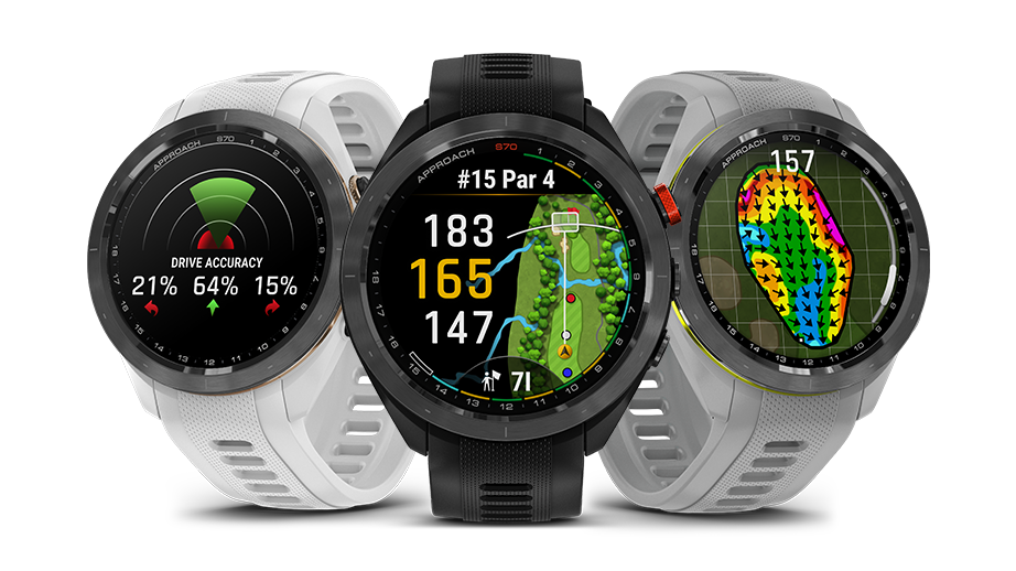pictures of 3 Garmin Approach golf watches. 