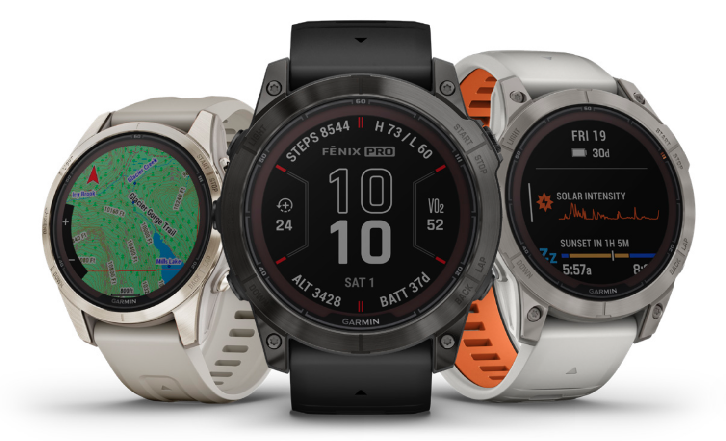 picture of 3 fenix 7 Pro Garmin smartwatches