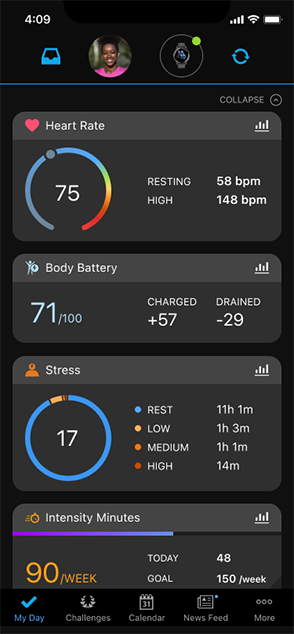 Tampilan Heart Rate, Body Battery, Stres, dan Insensity Minutes di Garmin Connect