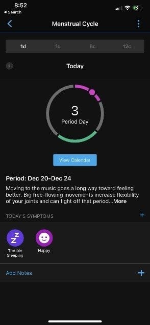 Tampilan data siklus menstruasi pada fitur kesehatan wanita