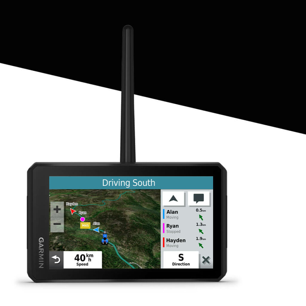 motornavigatie zumo XT van Garmin met daarop bevestigd Group Ride Tracker