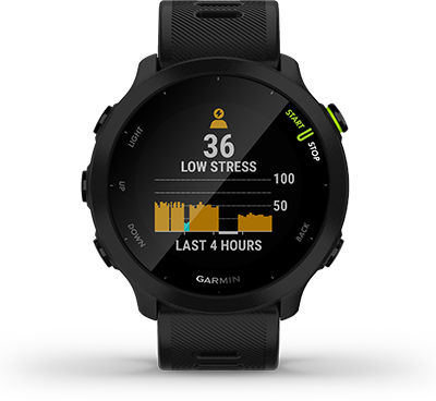 Overzicht watch face stresstracking hardloophorloge Forerunner 55 van Garmin.