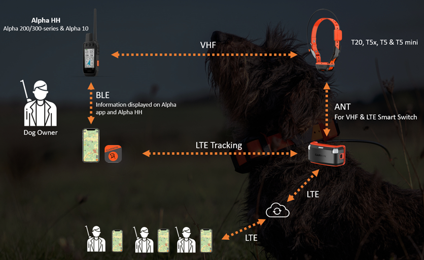 Bilden visar hur Alpha® LTE  hundpejl använder LTE, ANT, VHF och BLE för att spåra hunden, växla signaler och maximera batteritid.