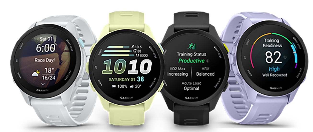 Garmin Forerunner 70, 170 och 170 Music visas i flera färger med skärmar som visar löpdata, HRV-status, Body Battery, musik och löpning/gång-pass.